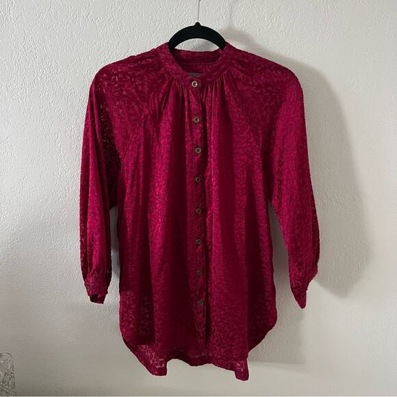 Anthropologie Susanna Red Burnout Velvet Button Front Blouse - Picture 3 of 8
